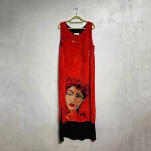 David Dart Red Sleeveless Woman’s Face Vintage Maxi Dress Sz XL